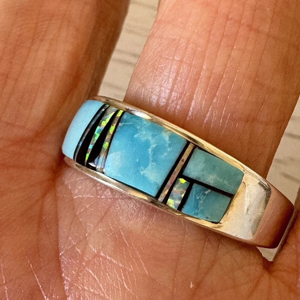 Navajo Inlay Turquoise Opal Wedding Band Sz 13 9mm Ring Men Signed AT B